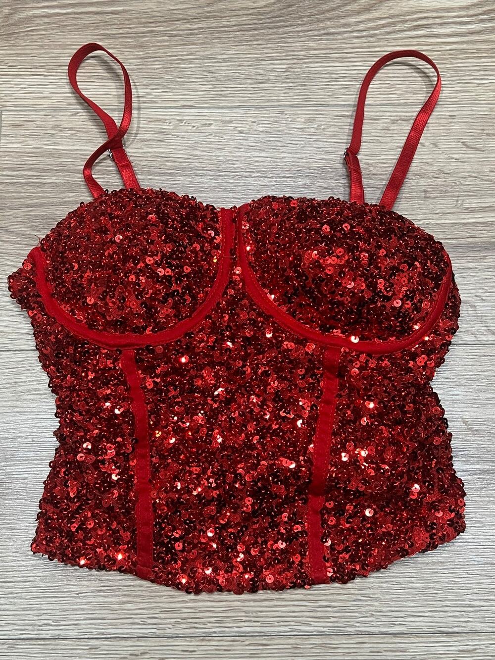 No Boundaries Womens Bustier Crop Top Size XS (0-2) Red Sequin Adjustable (A97)